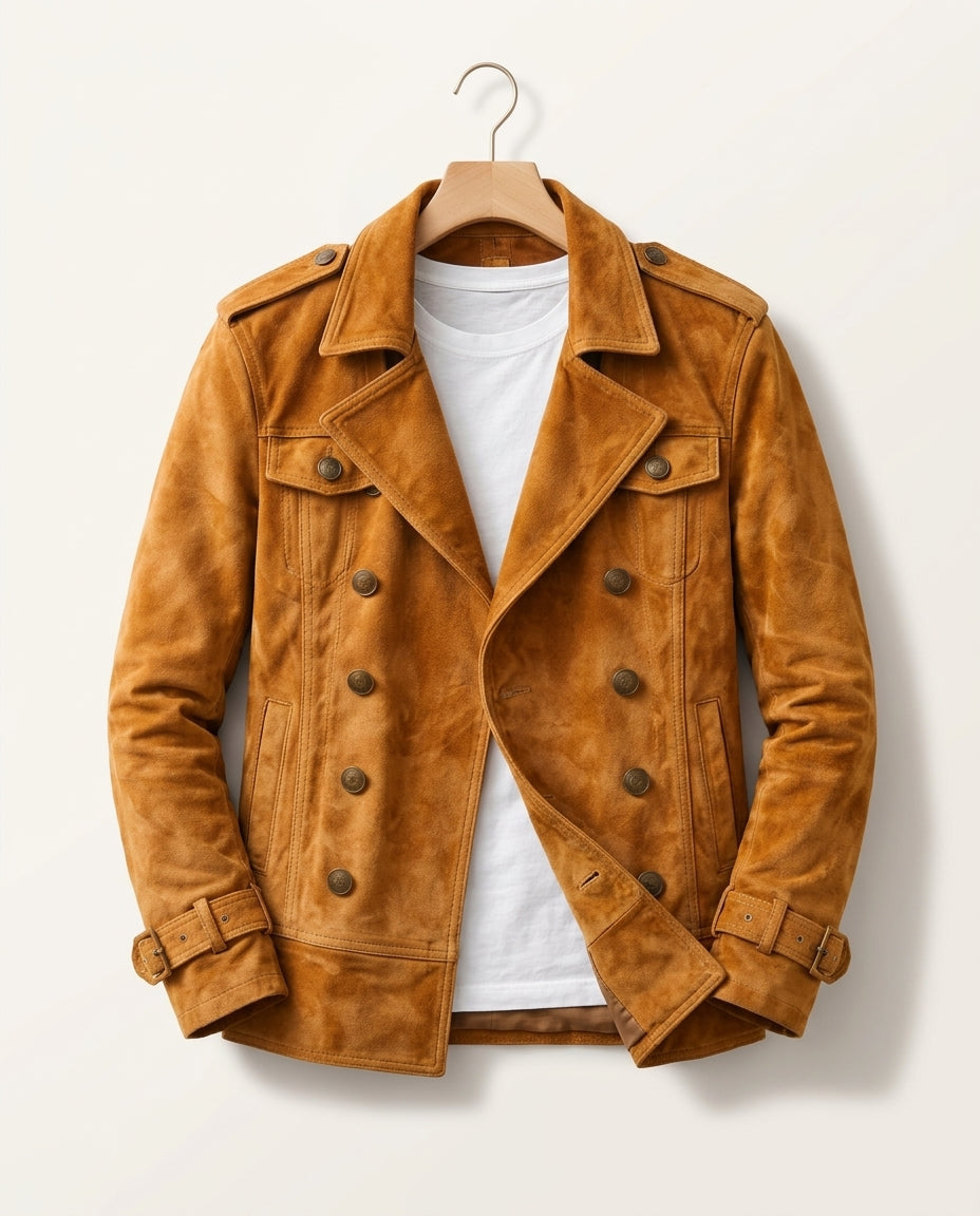 Everett Men's Suede Double Breasted Military Jacket